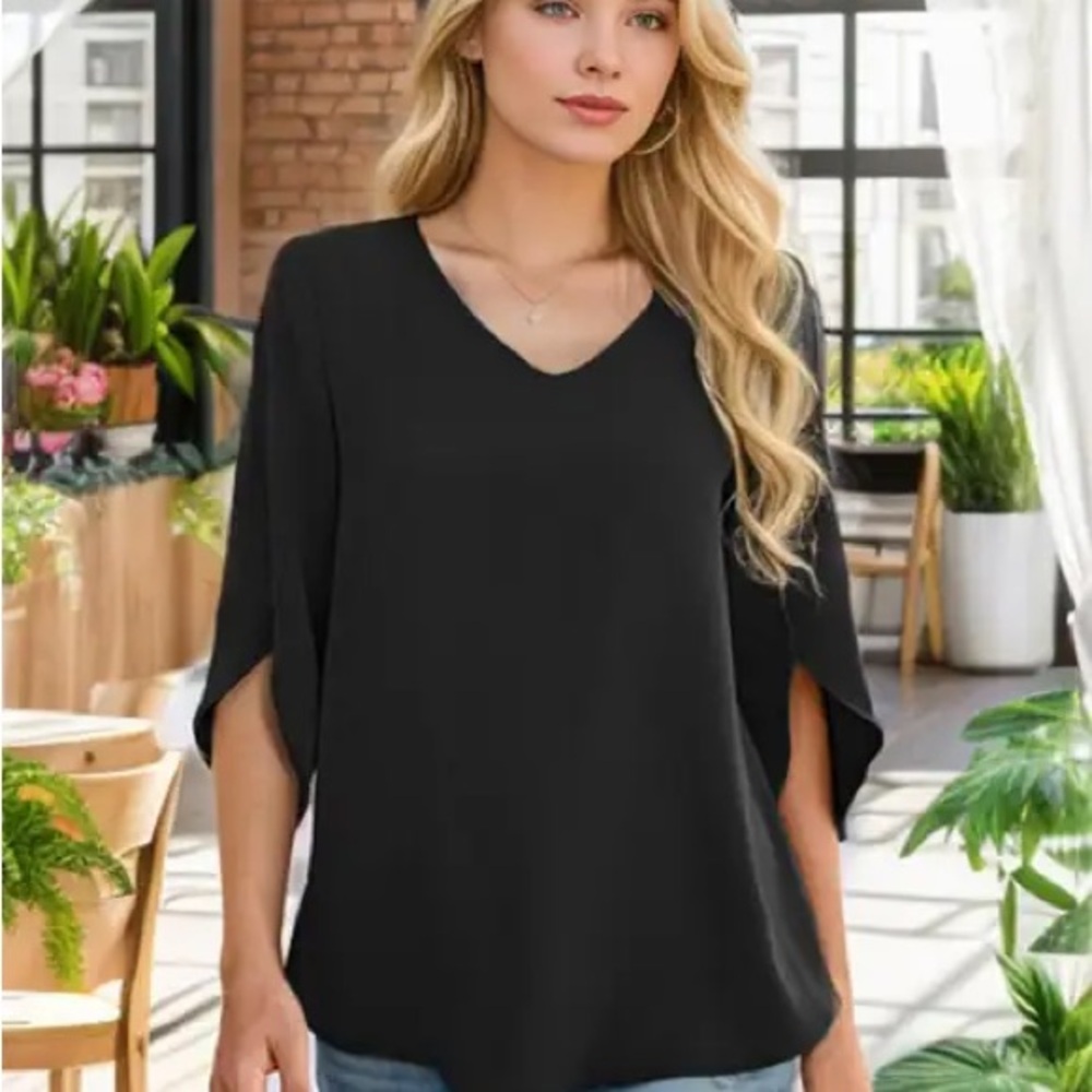 White House Black Market Black Flutter Sleeve Blouse